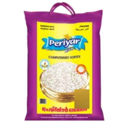 A 5kg bag of Periyar Surekha Rice, a thin, long-grain variety that cooks quickly and has a delicious, authentic flavor.