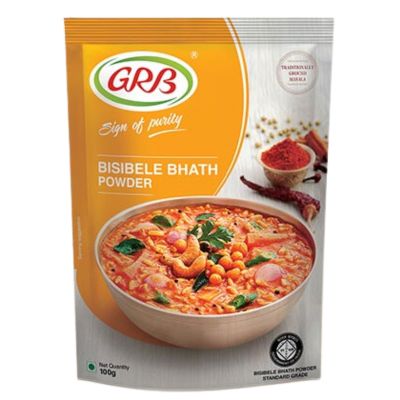 A 100g packet of GRB Bisibele Bath Powder, a spice blend for making South Indian Bisibele Bath.