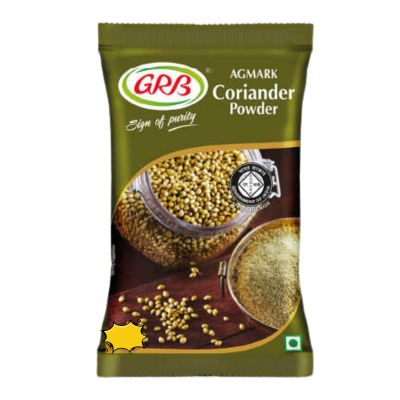 A packet of GRB Coriander Powder, a finely ground spice with a picture of coriander seeds.