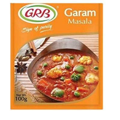 A 100g packet of GRB Garam Masala, a spice blend for Indian cooking.