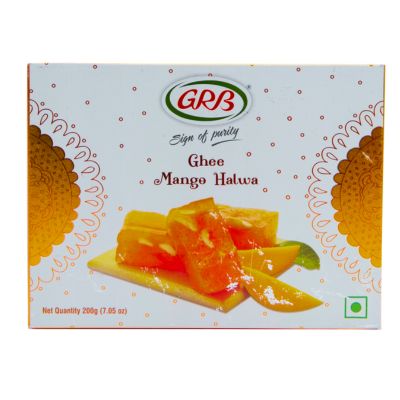 A box of GRB Ghee Mango Halwa, an Indian sweet dessert with mango flavor.