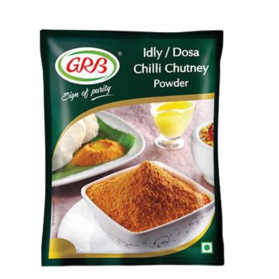 A packet of GRB Idly/Dosa Chilli Chutney Powder, a spice blend for making a flavorful and spicy chutney.