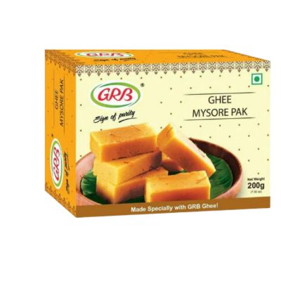 A box of GRB Ghee Mysore Pak, a traditional Indian sweet.