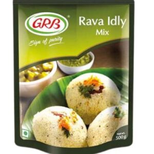 A packet of GRB Rava Idly Mix, a ready-to-cook mix for making soft and fluffy idlis.