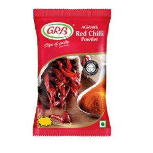 A packet of GRB Red Chilli Powder, a vibrant red spice blend.