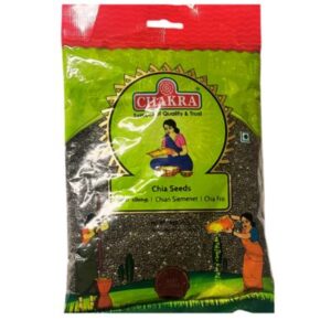 A pack of Chakra Chia Seeds 100g, showing their varied colors and smooth texture.