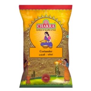 Chakra Coriander Powder 100g, light brown spice in a clear package.