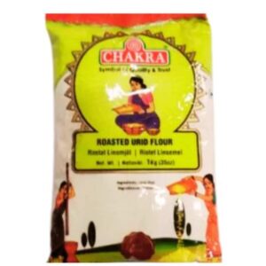 Chakra Roasted Urid Flour 500g, packaged in a white bag with product details.