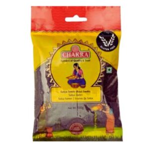 A pack Chakra Sabja Seeds 200g, showcasing their tiny, black appearance.