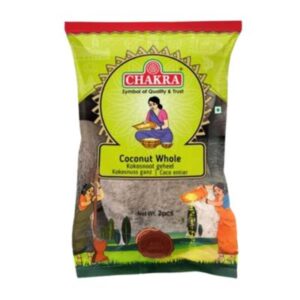 Two whole Chakra coconuts, packaged in a clear bag.